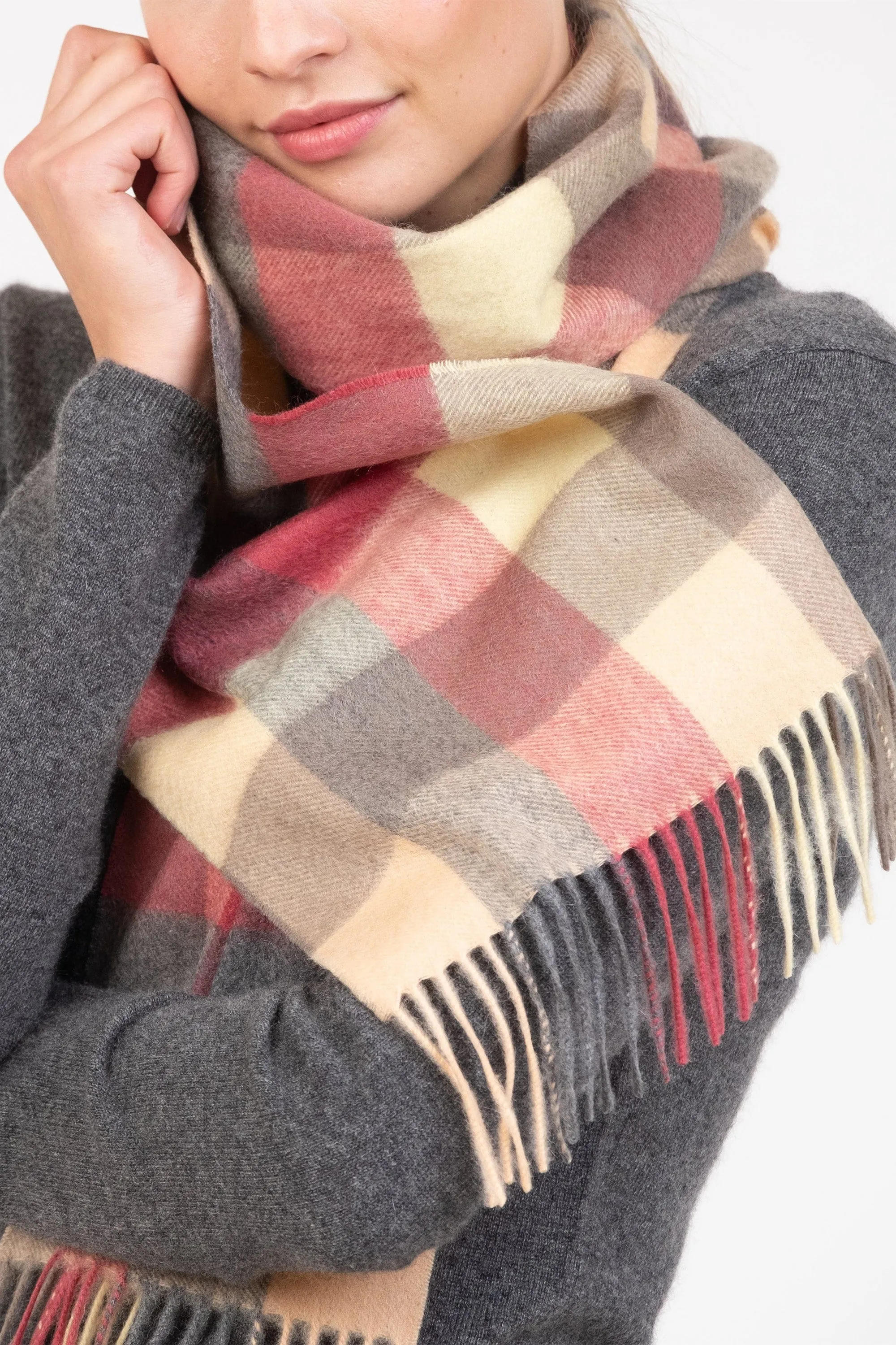 5 Square Check Cashmere Scarf - Grey Rose