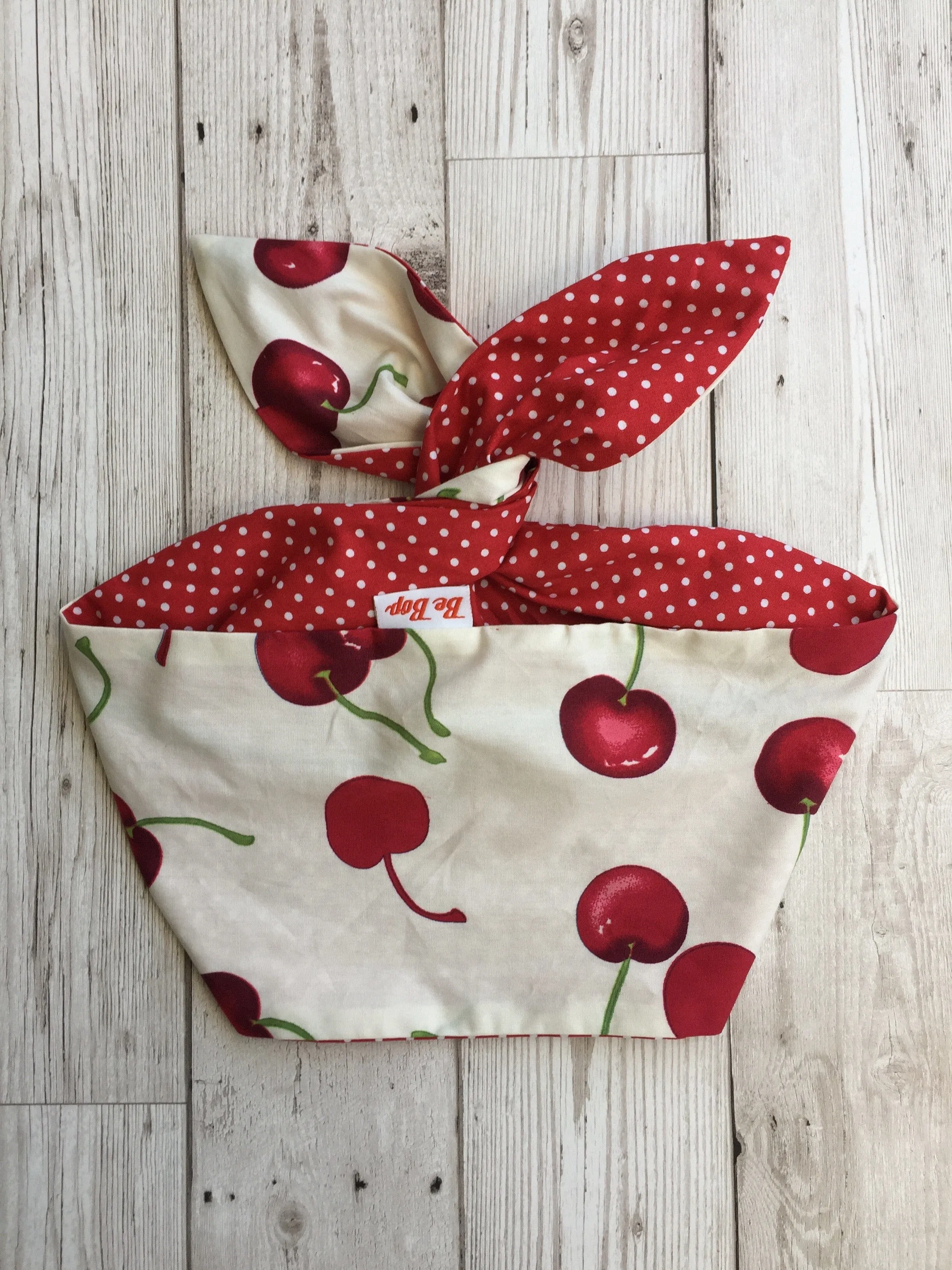 Bebopa Wired Vintage Style Headband White/Cherry Print with Red and White Polka Dot Reverse