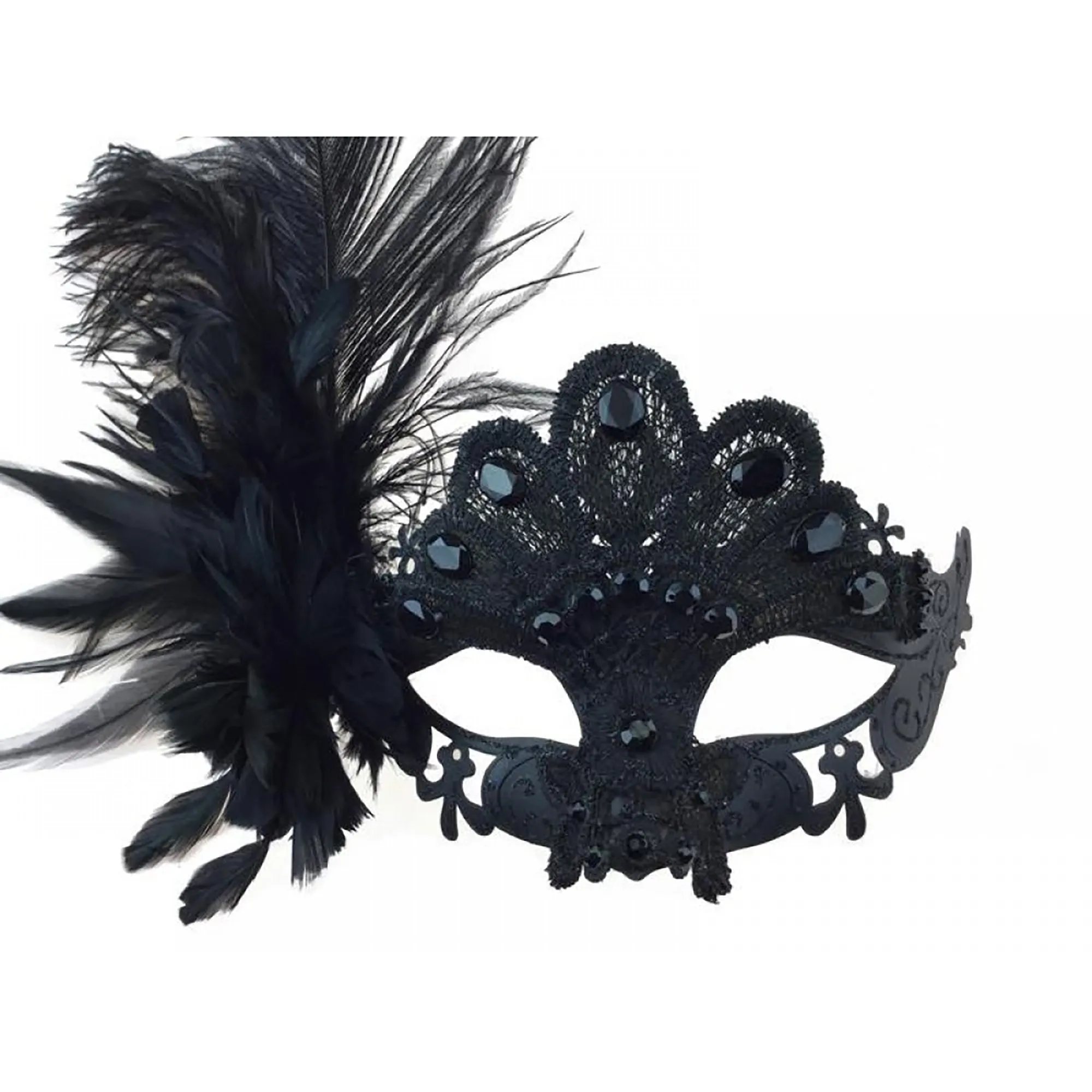 Black Venetian Mask with Feather, 1 Count