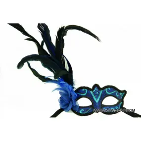 Blue Flower Venetian Mask with Feather, 1 Count