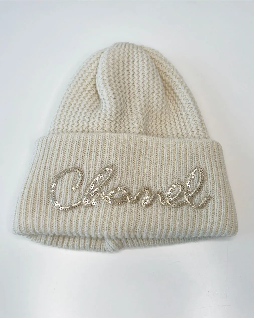 Chanel Cream Embroidered Logo Sequin Knitted Beanie Hat