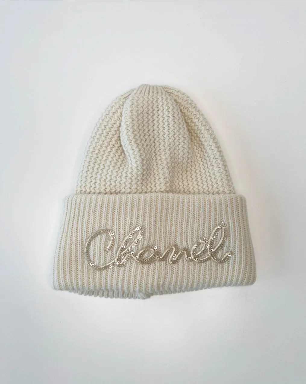 Chanel Cream Embroidered Logo Sequin Knitted Beanie Hat