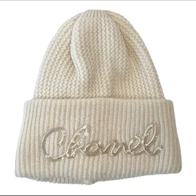 Chanel Cream Embroidered Logo Sequin Knitted Beanie Hat