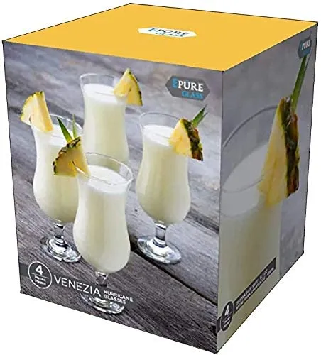 Epure Venezia Collection 4 Piece Hurricane Glass Set - Perfect for Drinking Pina Coladas, Cocktails, Full-Bodied Beer, Juice, and Water (Pina Colada (15.5 oz))