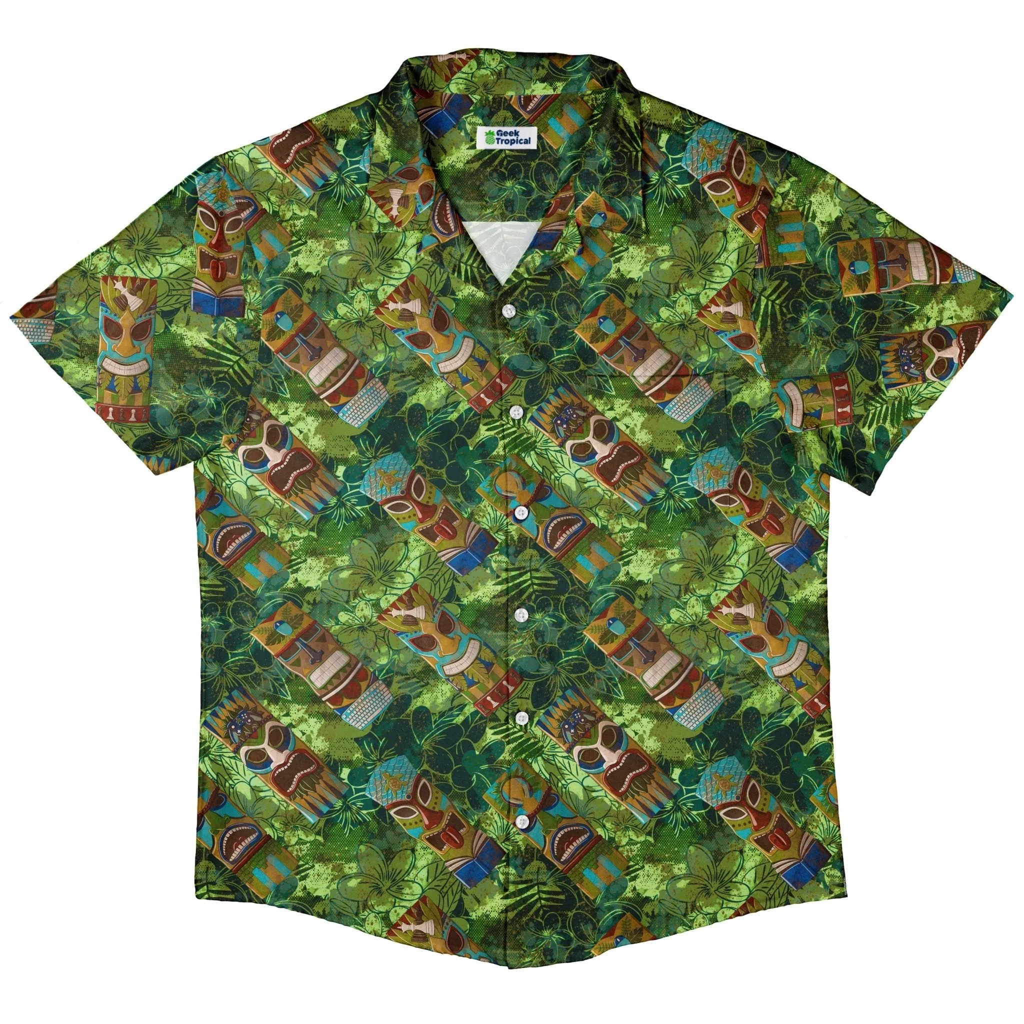 Geek Tiki Masks Light Green Button Up Shirt