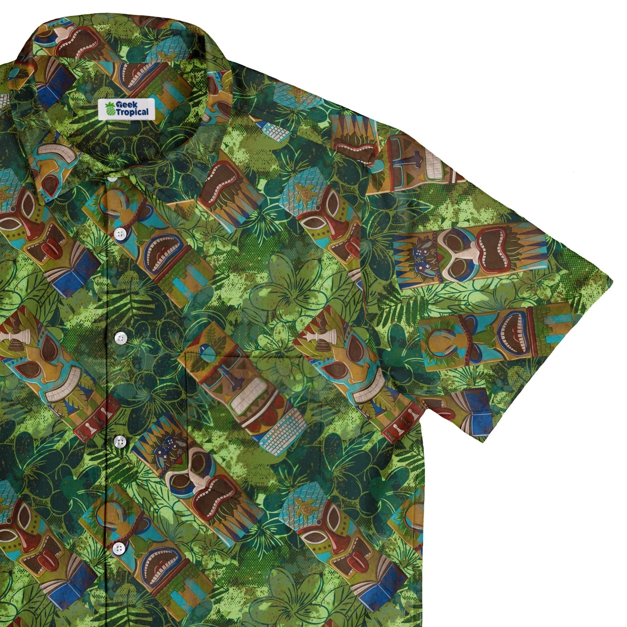 Geek Tiki Masks Light Green Button Up Shirt