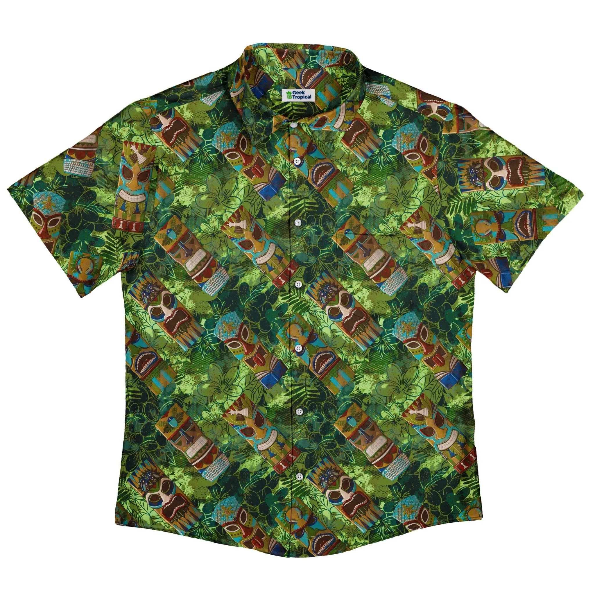 Geek Tiki Masks Light Green Button Up Shirt