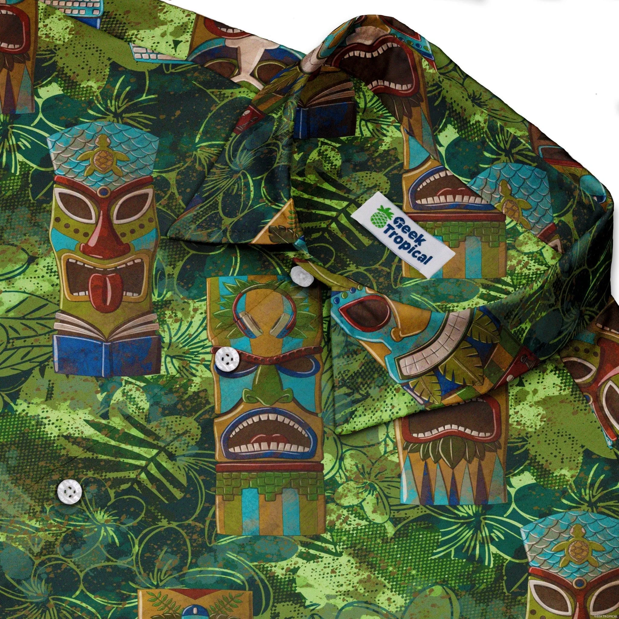 Geek Tiki Masks Light Green Button Up Shirt