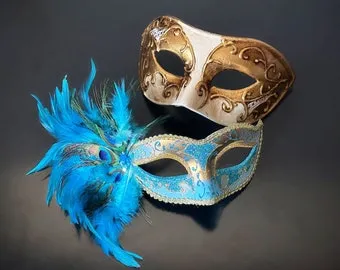 Gold & Turquoise Venetian Couple Masks