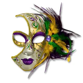 Half Face Mardi Gras Mask with Glitter and Feathers (Each)