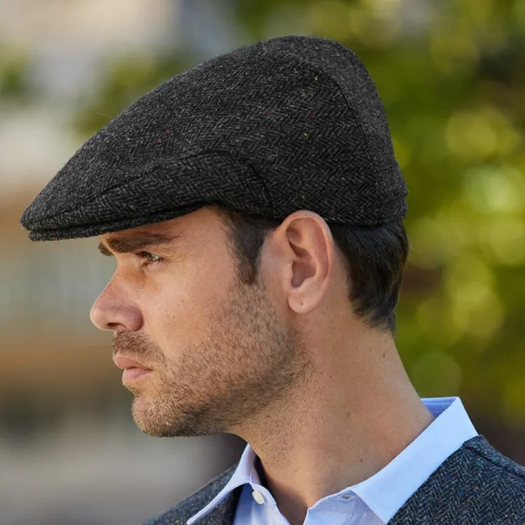 Hanna Donegal Tweed Touring Cap - Charcoal with Colourful Flecks