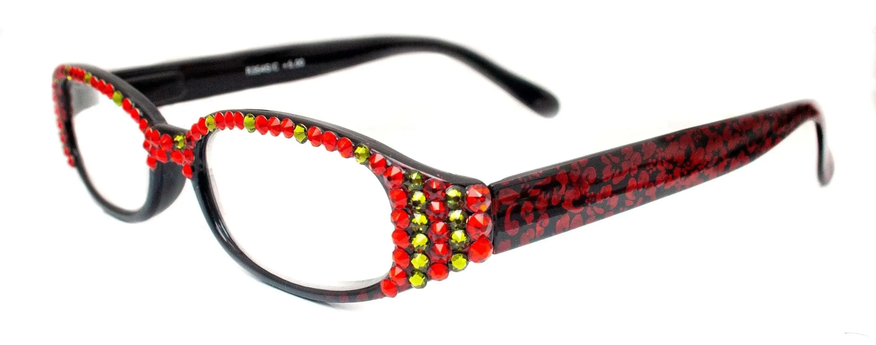 Isabella, (Bling) Reading Glasses Women W (Full Top) (L. Siam, Olivine Green) Genuine European Crystals (Red) NY Fifth Avenue (Wide Frame)