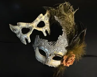 Ivory & Gold Feather Couple Masks