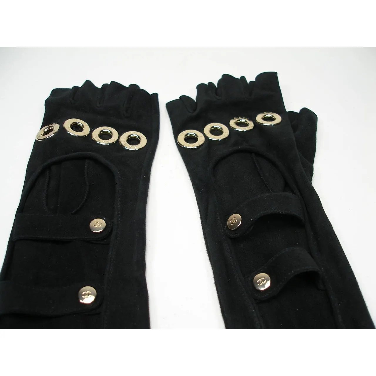 Rare! Chanel Long Fingerless Black Suede leather 08, 2008 Gold CC Logos Caged Gloves Sz 7.5