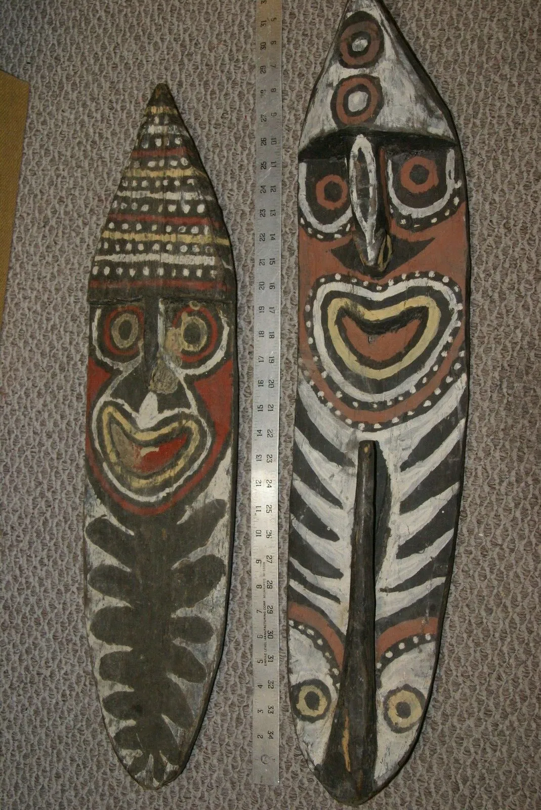 RARE MINDJA MINJA HAND CARVED YAM HARVEST UNIQUE CELEBRATION MASK POLYCHROME  WITH NATURAL PIGMENTS, PAPUA NEW GUINEA PRIMITIVE ART HIGHLY COLLECTIBLE & EXTREMELY DECORATIVE 11A10: 29"X 7”X 1”