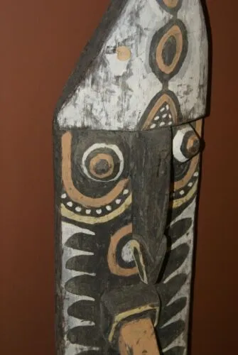 RARE MINDJA MINJA HAND CARVED YAM HARVEST UNIQUE CLAN SPIRIT MASK POLYCHROME  WITH NATURAL PIGMENTS PAPUA NEW GUINEA PRIMITIVE ART HIGHLY COLLECTIBLE DOUBLE FACE AND PHALLIC NOSE WASKUK 11A1: 50 X 13,5"X 4"