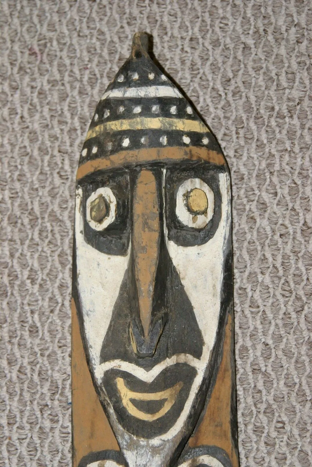 RARE MINDJA MINJA HAND CARVED YAM HARVEST UNIQUE CLAN SPIRIT MASK POLYCHROME  WITH NATURAL PIGMENTS PAPUA NEW GUINEA PRIMITIVE ART HIGHLY COLLECTIBLE DOUBLE FACE AND PHALLIC NOSE WASKUK 11A12: 22.25 X 5"X 2"