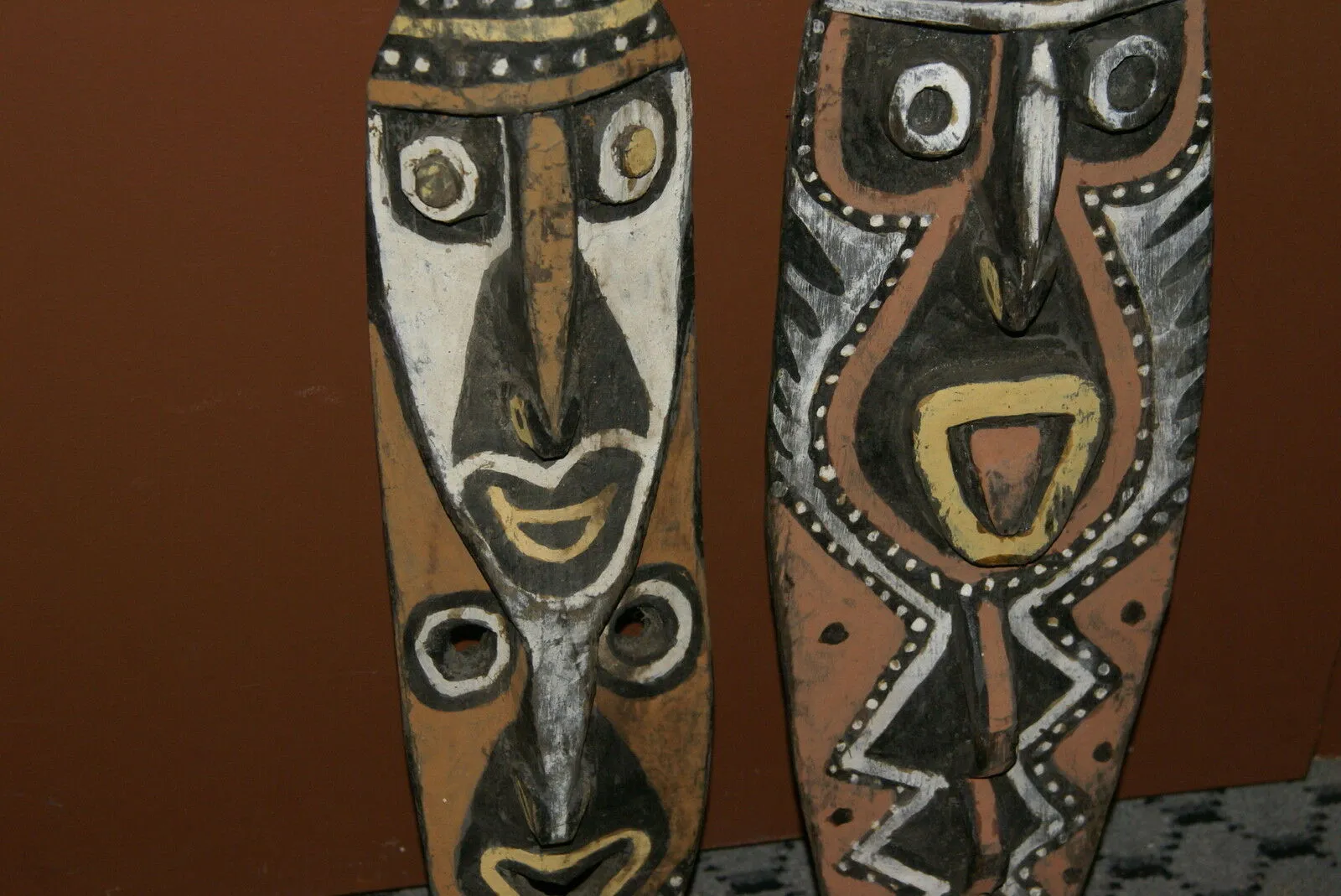 RARE MINDJA MINJA HAND CARVED YAM HARVEST UNIQUE CLAN SPIRIT MASK POLYCHROME  WITH NATURAL PIGMENTS PAPUA NEW GUINEA PRIMITIVE ART HIGHLY COLLECTIBLE DOUBLE FACE AND PHALLIC NOSE WASKUK 11A12: 22.25 X 5"X 2"