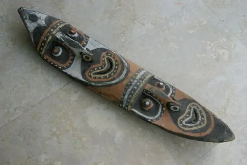 RARE MINDJA MINJA HAND CARVED YAM HARVEST UNIQUE CLAN SPIRIT MASK POLYCHROME  WITH NATURAL PIGMENTS PAPUA NEW GUINEA PRIMITIVE ART HIGHLY COLLECTIBLE DOUBLE FACE AND PHALLIC NOSE WASKUK 11A18: 33 X 7"X 3"