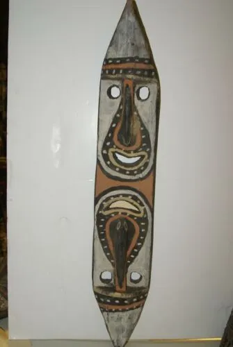 RARE MINDJA MINJA HAND CARVED YAM HARVEST UNIQUE CLAN SPIRIT MASK POLYCHROME  WITH NATURAL PIGMENTS PAPUA NEW GUINEA PRIMITIVE ART HIGHLY COLLECTIBLE DOUBLE FACE AND PHALLIC NOSE WASKUK 11A5: 31.5 X 5"X 2"