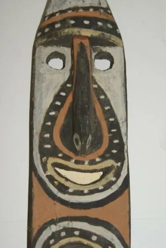 RARE MINDJA MINJA HAND CARVED YAM HARVEST UNIQUE CLAN SPIRIT MASK POLYCHROME  WITH NATURAL PIGMENTS PAPUA NEW GUINEA PRIMITIVE ART HIGHLY COLLECTIBLE DOUBLE FACE AND PHALLIC NOSE WASKUK 11A5: 31.5 X 5"X 2"