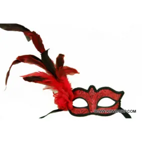 Red Flower Venetian Mask with Feather, 1 Count