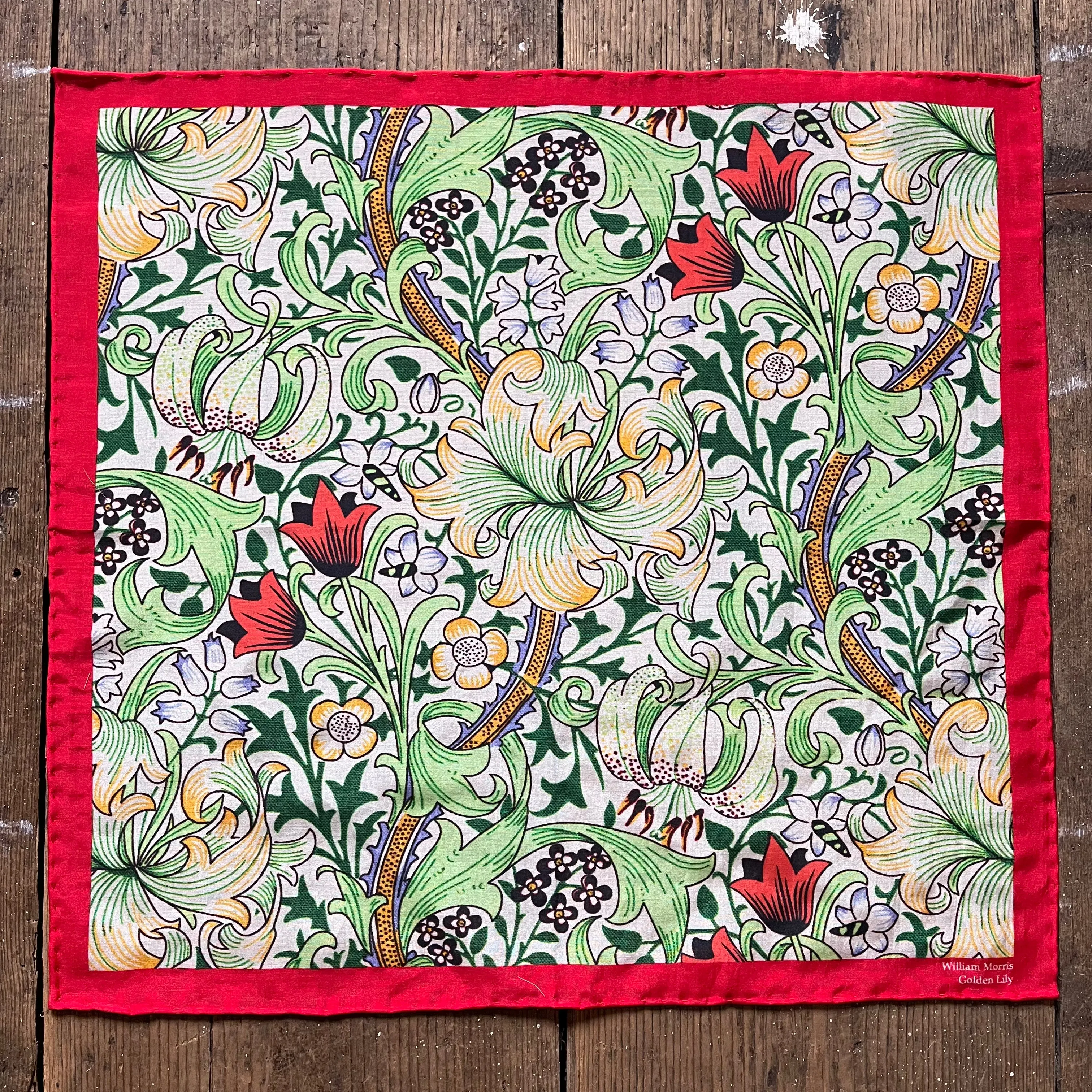 Regent - Cotton/Silk - Pocket Square - William Morris Liberty Print 'Golden Lily' Pattern - Red