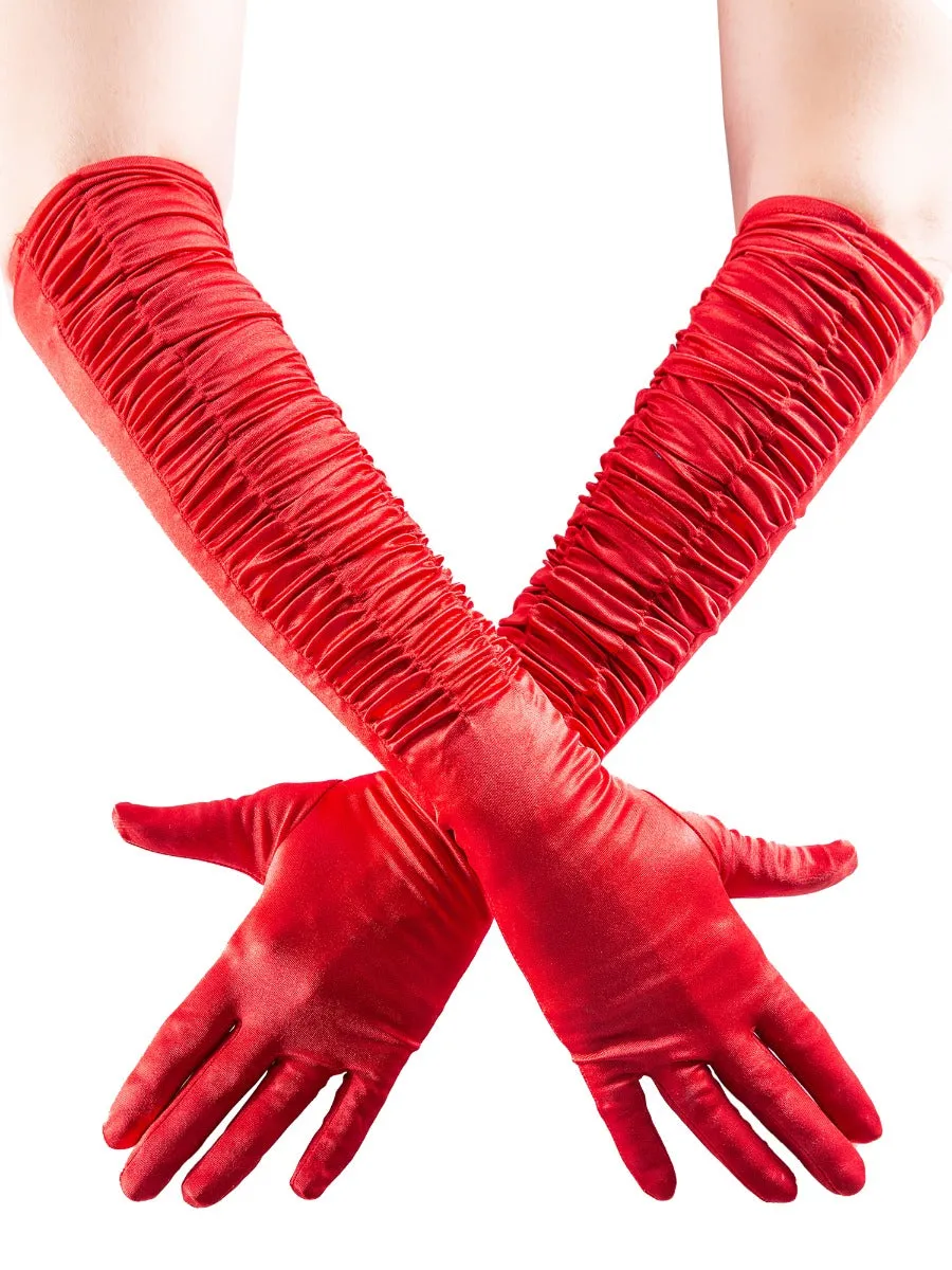 Satin Ruffle Elbow Gloves Red