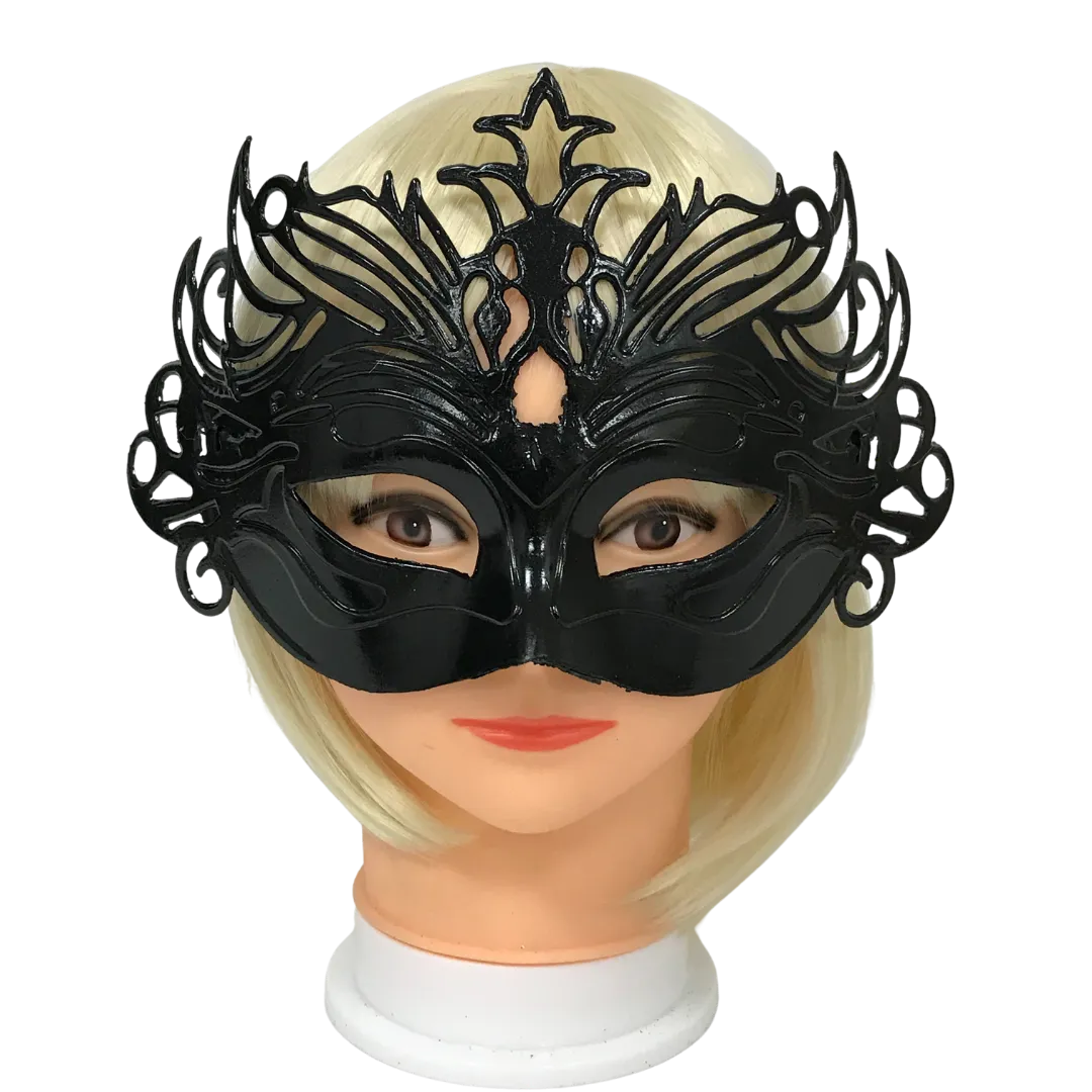 Shiny Black Ornate Mask with Ribbon Tie (Each)