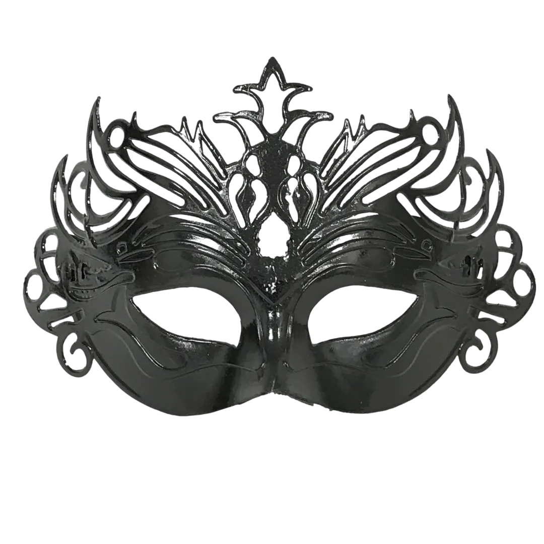 Shiny Black Ornate Mask with Ribbon Tie (Each)