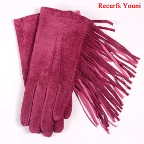 Winter Ladies Genuine Leather Pigskin Suede Tassel Short Gloves